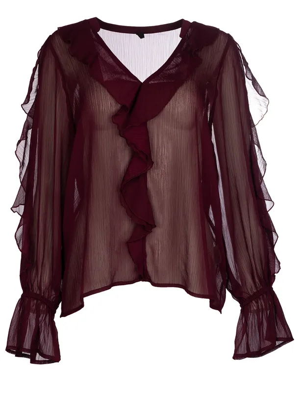 Productfoto van blouse ruffle chiffon in het paars, te koop bij Wibra.