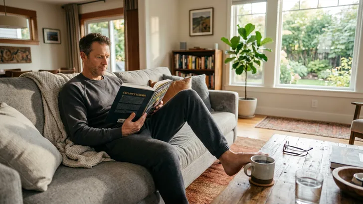 Een ontspannen man in vrijetijdskleding zit op een comfortabele bank in een lichte, moderne woonkamer en leest een groot boek over wielrennen, met een kop dampende koffie op de salontafel naast hem.
