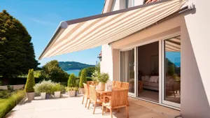 Summer terrace under a canopy of a modern house.