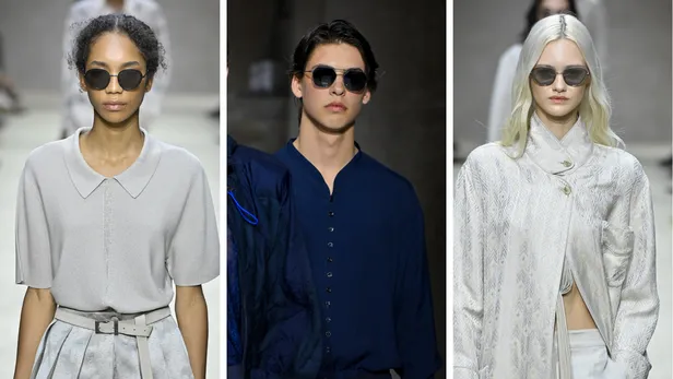 Zonnebrillen trends voor de lente 2026 op de catwalks van Armani en Emporio Armani.