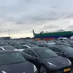 Tesla Model 3's in haven Amsterdam