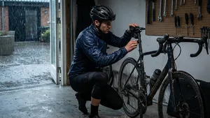 Wielrenner met helm en zwarte beenstukken maakt zijn racefiets klaar voor de regen door een spatbord te monteren.