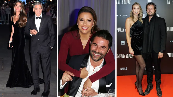 Celebrity huwelijksaanzoeken – Drieluik foto's. Links George en Amal Clooney, midden Eva Longoria en José Bastón, rechts Loiza Lamers en Jelle Ploeg.
