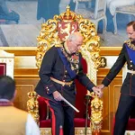 Ceremonial opening of the 168th Parliament in Norway Oslo 20231003. King Harald, Queen Sonja, Crown Prince Haakon and Pr