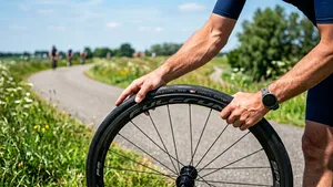 Een wielrenner monteert een band op een carbon racewiel op een fietspad.