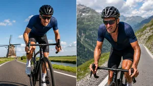 Split-screen van dezelfde wielrenner: links trekt hij een krachtige vlakke sprint, rechts zwoegt en verzurt hij op een steile bergpas bergpas hij op een steile bergbeklimming.
