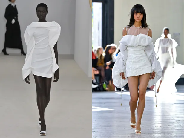 Little white dresses met de populaire pofmouw. Links: Miyake Spring/Summer 2026 | Rechts: AJE Spring/Summer 2026