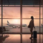 Young woman at the airport window looking to the planes