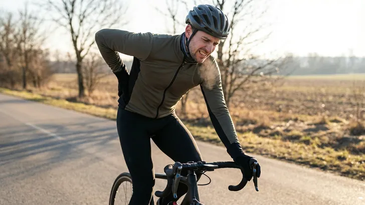 Een mannelijke wielrenner in een winteroutfit (lange broek, thermojack) grijpt met een pijnlijke uitdrukking op zijn gezicht naar zijn onderrug tijdens een fietstocht op een zonnige, maar koude winterdag zonder sneeuw.