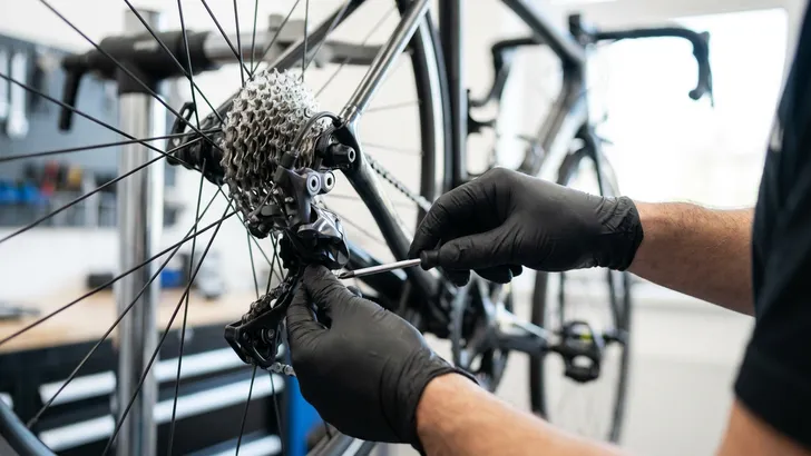 Een man met monteurshandschoenen stelt met een schroevendraaier een stelschroef af op de achterderailleur van een racefiets die in een montagestandaard hangt, als onderdeel van fietsonderhoud.