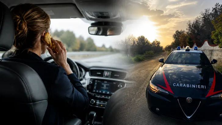 Vrouw houdt gefrituurde courgette aan haar oor naast Italiaanse carabinieri-auto