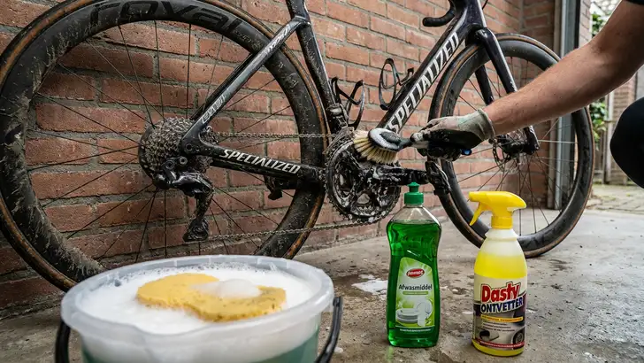 Een wielrenner maakt een modderige racefiets schoon met een borstel en een sopje, waarbij een fles afwasmiddel en een gele fles Dasty ontvetter op de grond staan.