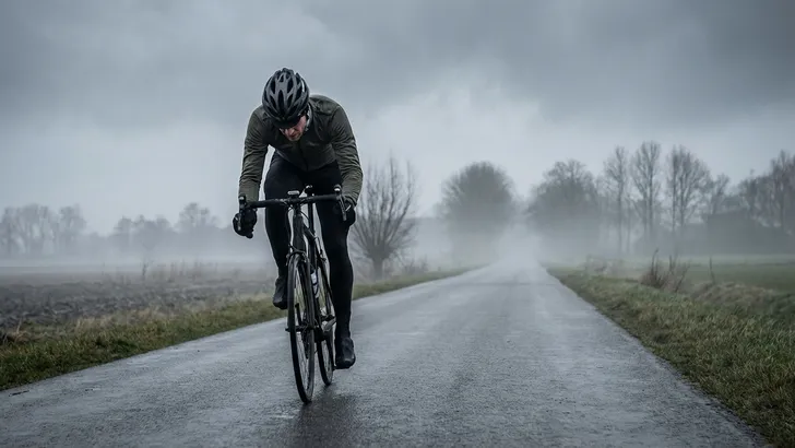 Mannelijke wielrenner met helm zwoegt alleen op zijn racefiets op een koude, lege polderweg in de winter, als symbool voor de nutteloze trainingskilometers die het artikel bespreekt.