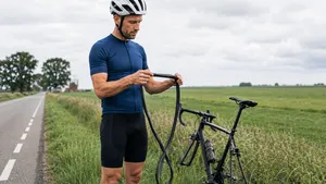 Wielrenner met helm houdt een nieuwe binnenband vast naast zijn racefiets langs een Nederlandse polderweg.