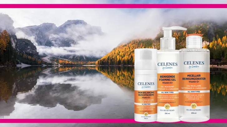 Fabulous Friday: Winactie Celenes by Sweden Sea Buckthorn – Foto van Zweeds landschap met drie producten van Celenes by Sweden over voorgrond geplakt.