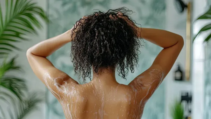 Een vrouw die het haar wast - douchen