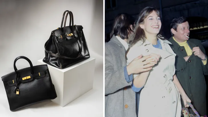 Tweeluik foto's met links de Original Birkin en een moderne Birkin bag, en rechts actrice Jane Birkin in de jaren '80.