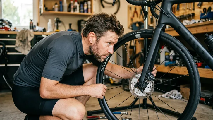 Een mannelijke wielrenner zonder helm hurkt in een werkplaats en bestudeert met volle concentratie de zilverkleurige remschijf van het voorwiel van zijn moderne carbon racefiets.