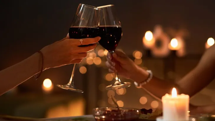 Two young women toasting with wine glasses at dinner table with Christmas lights