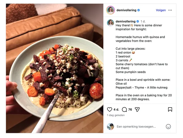 Een screenshot van de Instagram-post met de power bowl en het recept van Demi Vollering