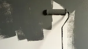 Verfroller met grijze verf op muur