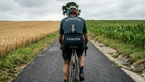 Een mannelijke wielrenner, van achteren gefotografeerd, die zwoegend de Eysserbosweg op fietst. Hij draagt een helm en een wielerpak.