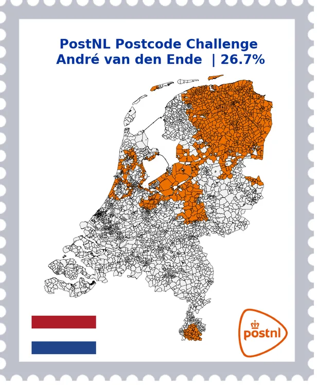 Voortgangskaart van de PostNL Postcode Challenge die de persoonlijke score van een redacteur toont. De provincies Groningen, Friesland en Drenthe zijn grotendeels oranje ingekleurd, terwijl de rest van Nederland nog voornamelijk wit is.