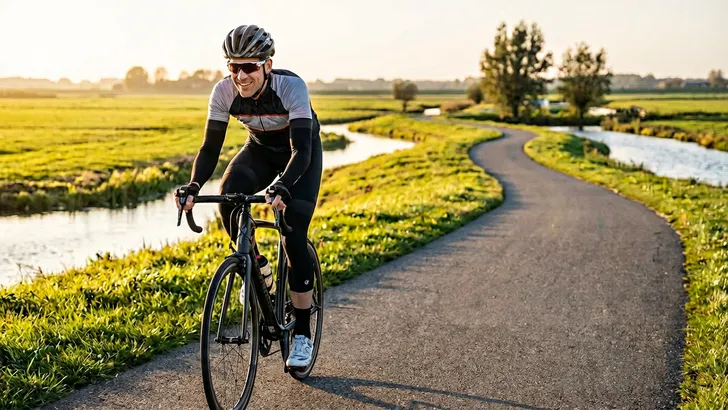 Mannelijke wielrenner met helm fietst over een zonnig fietspad, illustratie van de gezondheidsvoordelen van elke dag 30 minuten fietsen voor hart en vetverbranding.