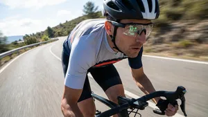 Actiefoto van een wielrenner op snelheid die een slimme fietsbril draagt, waarop real-time data zoals snelheid en hartslag in de ooghoek op het glas wordt geprojecteerd.