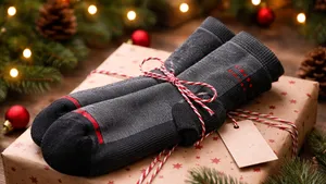 Donkergrijze merinosokken als kerstcadeau op ingepakt pakje met rood-wit touwtje