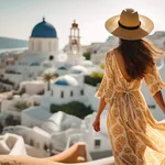 Female casual solo traveller roam alone womna summer casual dress summertime tour walking at famous destination landmark In Europe architecture and heritage city scape vacation travel,ai generate