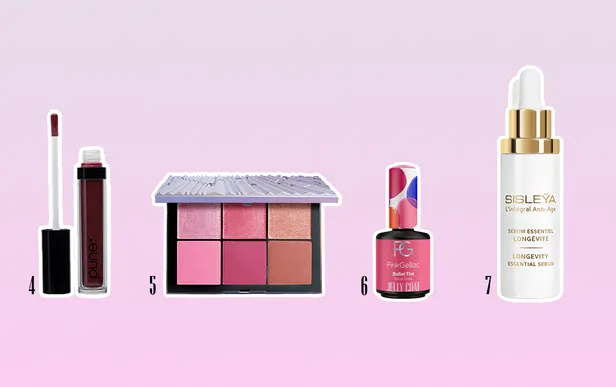 V.l.n.r: Pune Lipgloss (in Mauve me), €19,90 | Nars x Iris van Herpen Ethereal Aura Blush Palette, €69 | Pink Gellac Jelly Coat, €19 | SISLEY Sisleÿa L'Intégral Anti-Âge Sérum Essentiel Longévité (30 ml), €498