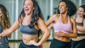 Middle-aged women enjoying a joyful dance class, candidly expressing their active lifestyle through Zumba with friends, generative ai