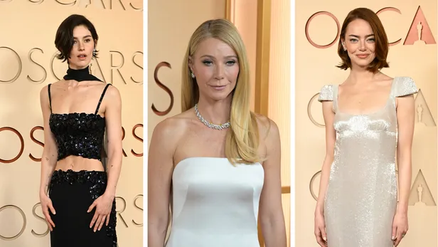 Van links naar rechts: Gracie Abrams, Gwyneth Paltrow en Emma Stone bij de Oscars van 2026. 