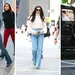 Flared denim: zo style je de wijde spijkerbroek. – Drieluik foto's van celebs in flared jeans, met links Eiza González, midden Anne Hathaway, rechts Jennifer Lopez.