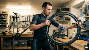 Een wielrenner zonder helm schudt in zijn werkplaats een los achterwiel horizontaal heen en weer om de tubeless latex te verdelen.
