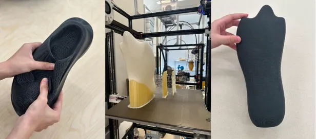 Een FDM-schoenvorm tijdens het productieproces in de studio van CHINCHIN, naast een flexibel geprint prototype dat onder druk wordt getest. De proeven onderzoeken hoe digitaal gegenereerde structuren ondersteuning kunnen combineren met flexibiliteit en bewegingsvrijheid.