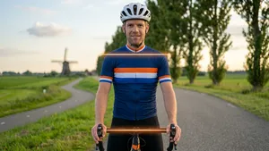 Een close-up van voren van een Nederlandse wielrenner in het polderlandschap, met een molen op de achtergrond. Zijn handen rusten op de shifters. Een subtiele, lichtgevende, transparante oranje grafische overlay markeert de perfecte uitlijning