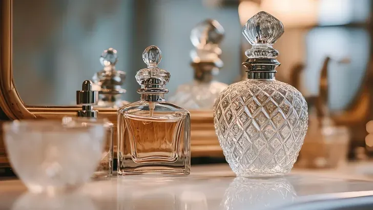 Een aantal parfums en een spiegel op een kaptafel