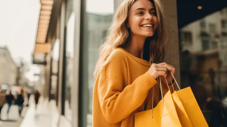 Smiling attractive young women shopping at shoes store, ai generated