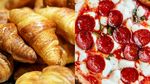 Collage van twee foto's met croissants links en een pizza rechts