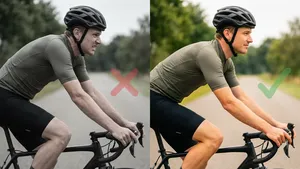 Een wielrenner demonstreert het verschil tussen een foute, gespannen schouderhouding ('schildpadnek') en een correcte, ontspannen houding op de racefiets om nekpijn te voorkomen.