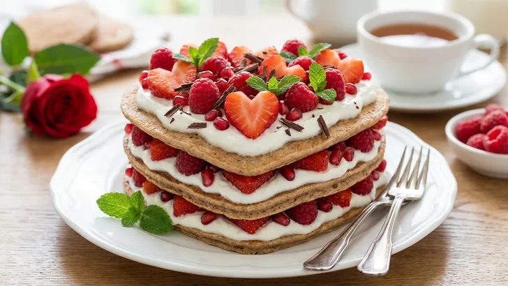 Valentijnsontbijt: gezonde pannenkoekentaart met rood fruit