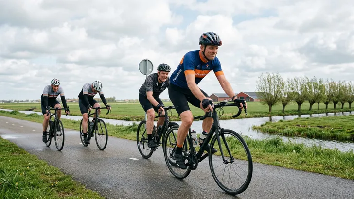 Liggende foto van een fietsgroep in de polder, waarbij de koploper demarreert en de rest moeizaam volgt.