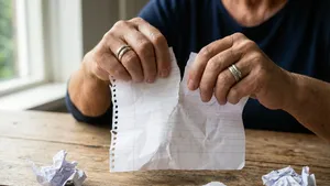 Twee vrouwenhanden verscheuren een vel papier met goede voornemens op Ditch Your New Year's Resolutions Day.