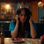 a sad Spanish woman sitting at an American dinner table, eating a birthday cake, wearing a crown and crying.