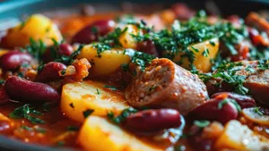 Sausage, potatoes, and red beans in goulash soup.