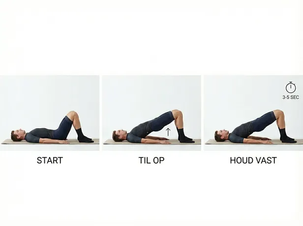 Een mannelijke wielrenner demonstreert de Glute Bridge: hij ligt op zijn rug en duwt zijn heupen omhoog in de piekpositie, met de Nederlandse instructie 'Span bilspieren aan'.