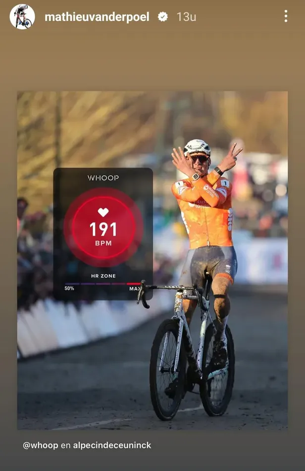 Screenshot met hartslagdata van Mathieu van der Poel, gemiddelde hartslag 191 bpm