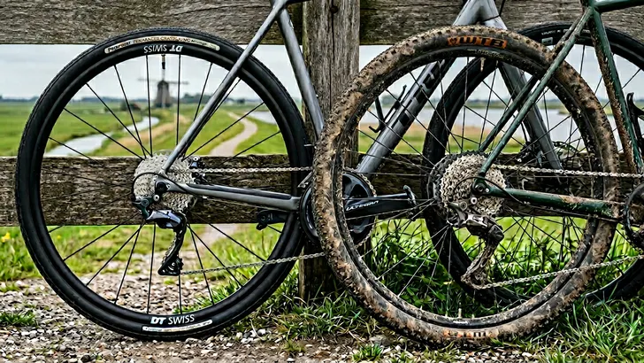Twee gravelfietsen naast elkaar tegen een houten hek in een polderlandschap. De linker fiets is schoon met een glimmende Shimano Ultegra achterderailleur. De rechter fiets is modderig met een vieze Shimano GRX achterderailleur.
